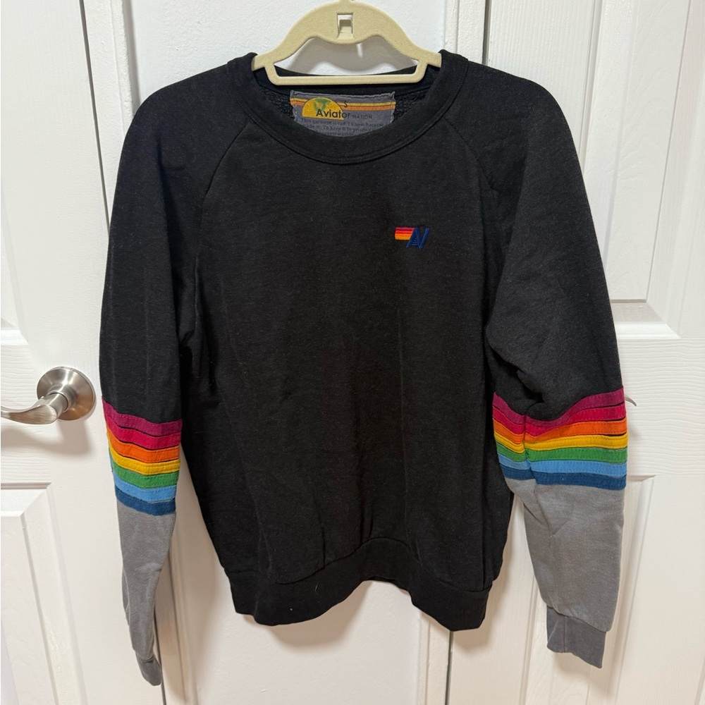 Aviator Nation Charcoal Grey Sweatshirt with Rainbow Stripes